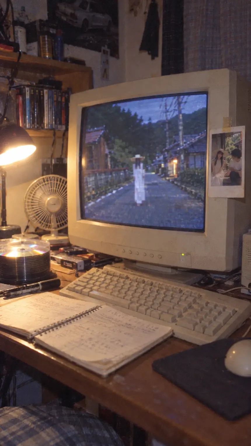 2003년 방, 브라운관 모니터 속 게임 화면과 책상 위의 노트